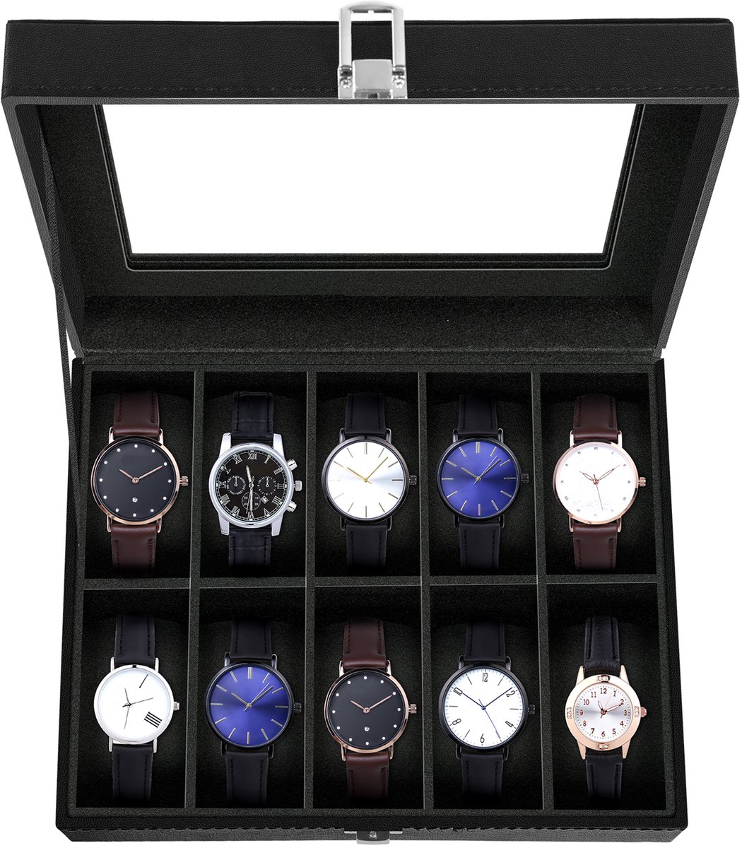 Trendello Horloge Doos - Horlogebox - Horloge Opbergdoos - 10 Vakken - Geschikt voor sieraden - Zwart binnenkant