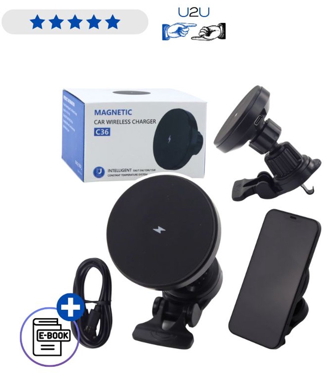 Magnetische Autohouder met Draadloze Oplader 15W Inductief Zwart Ventilatierooster Telefoonhouder met Snelladen 360° Draaibaar MagSafe Compatibel Voor iPhone en Android Veilige Bevestiging Handsfree Navigatie en Bellen Compact Design Met Ebook