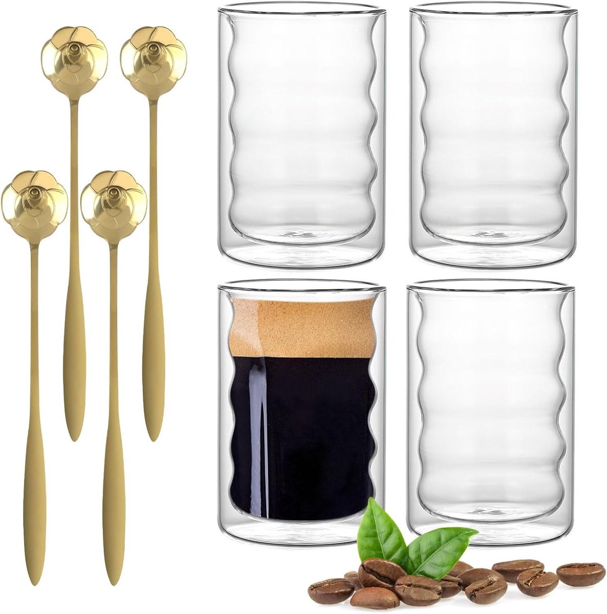 Dubbelwandige glazen set van 4, 350 ml - Latte Macchiato cappuccino theeglazen met lepels.
