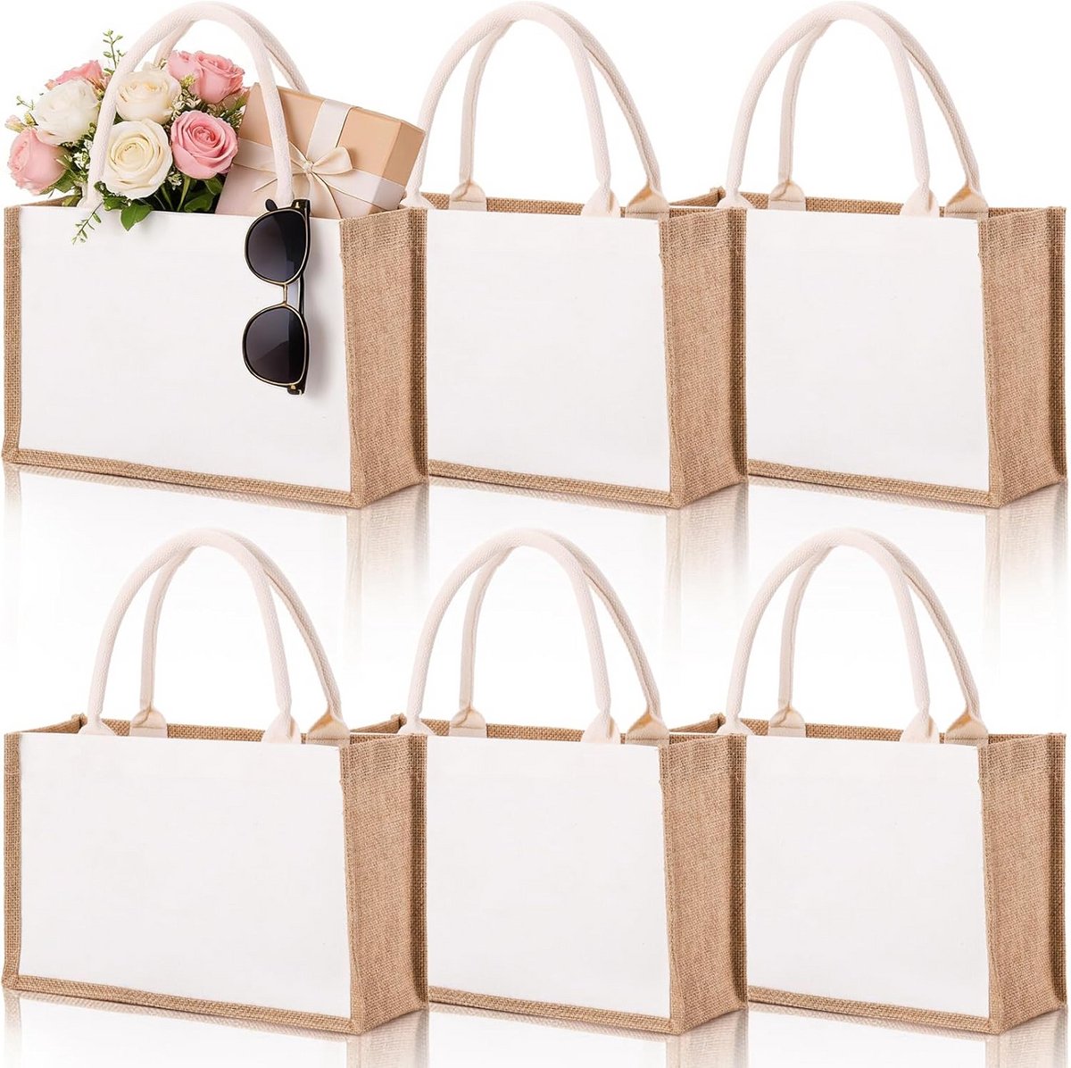 Set van 6 Herbruikbare Jute Draagtassen met Handvatten voor Boodschappen en Cadeaus