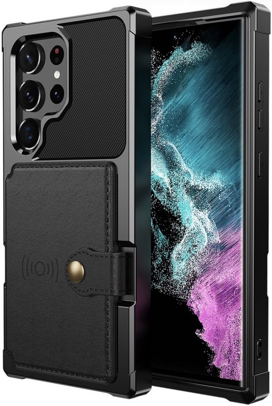 Coque de téléphone noire avec porte-cartes et un téléphone à côté.