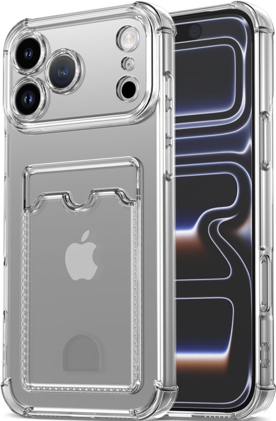 Vue en biais d'une coque transparente avec porte-cartes, découpe de caméra et logo Apple pour iPhone 17 Pro Max.