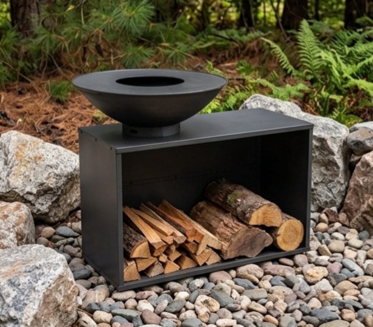 Vuurschaal tafel Ø80 cm – Arqam IndustrialFire Onyx vuurtafel met grillfunctie, robuuste stalen vuurkorf met tafelblad, inclusief regenhoes, industriële terras heater en buitenhaard – Arqam