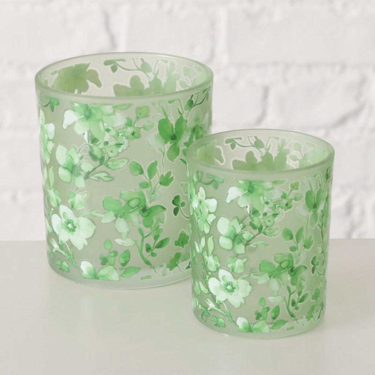 Boltze Theelichthouder bloem groen, set van 2 stuks. 7x8cm 9x10cm wit