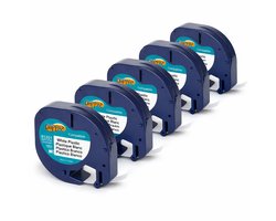 5 pièces Étiquettes Plastiques 91201 compatibles avec Imprimante d'Étiquettes Dymo LetraTag - Noir sur Blanc - 12 mm x 4 m - S0721610 Ruban d'Étiquette - Dappaz