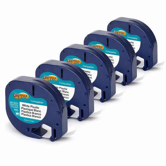 Vijf Dappaz labelcassettes op een rij, S0721610, 12mm x 4m, witte plastic labelrollen.