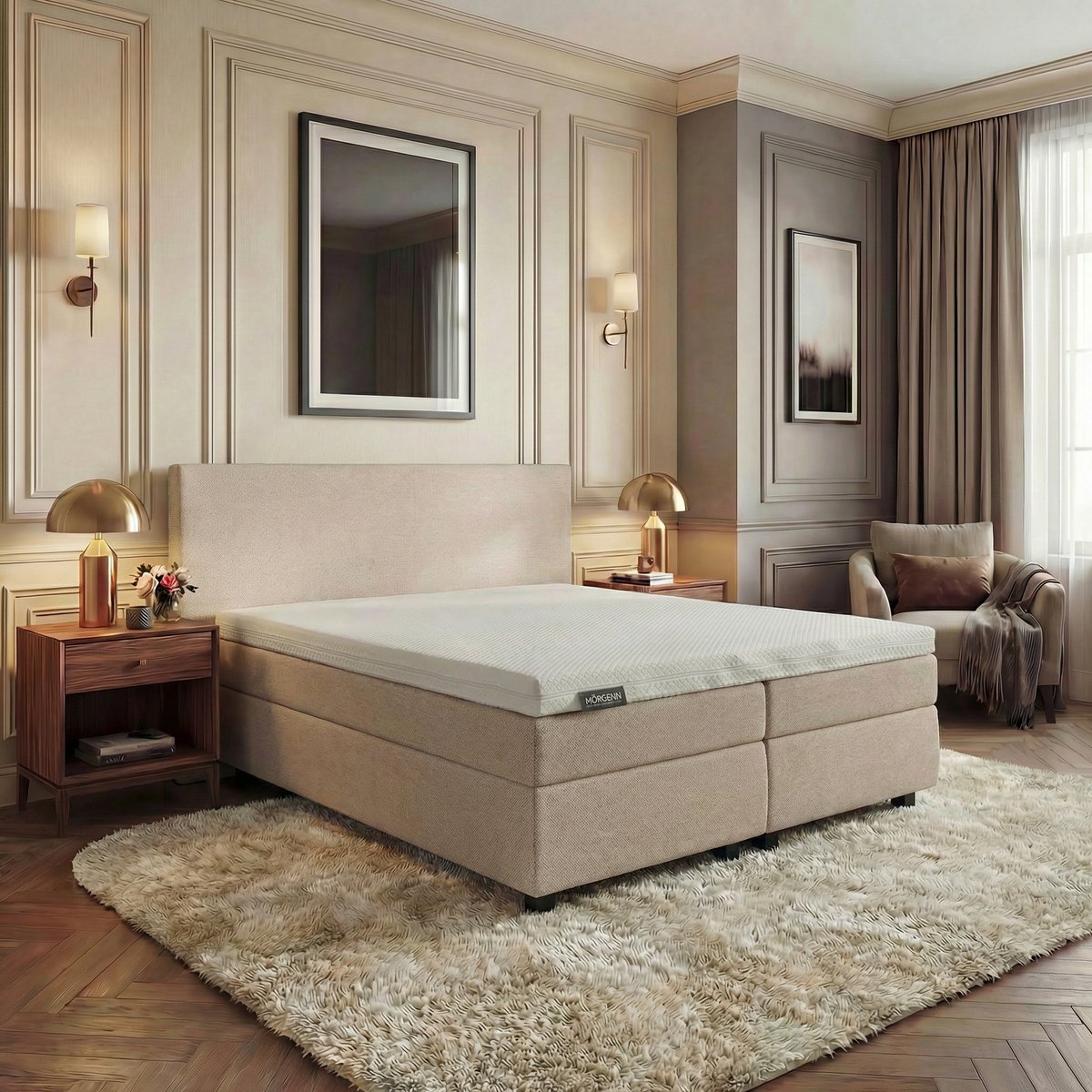 Mörgenn Hotel en B&B Boxspring - Pocketvering - Beige - 200x220 cm - Inclusief Dekbed en Kussens