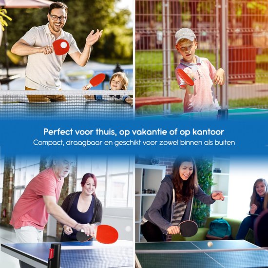Collage van mensen die tafeltennis spelen op verschillende locaties: thuis, op vakantie, op kantoor, binnen en buiten.
