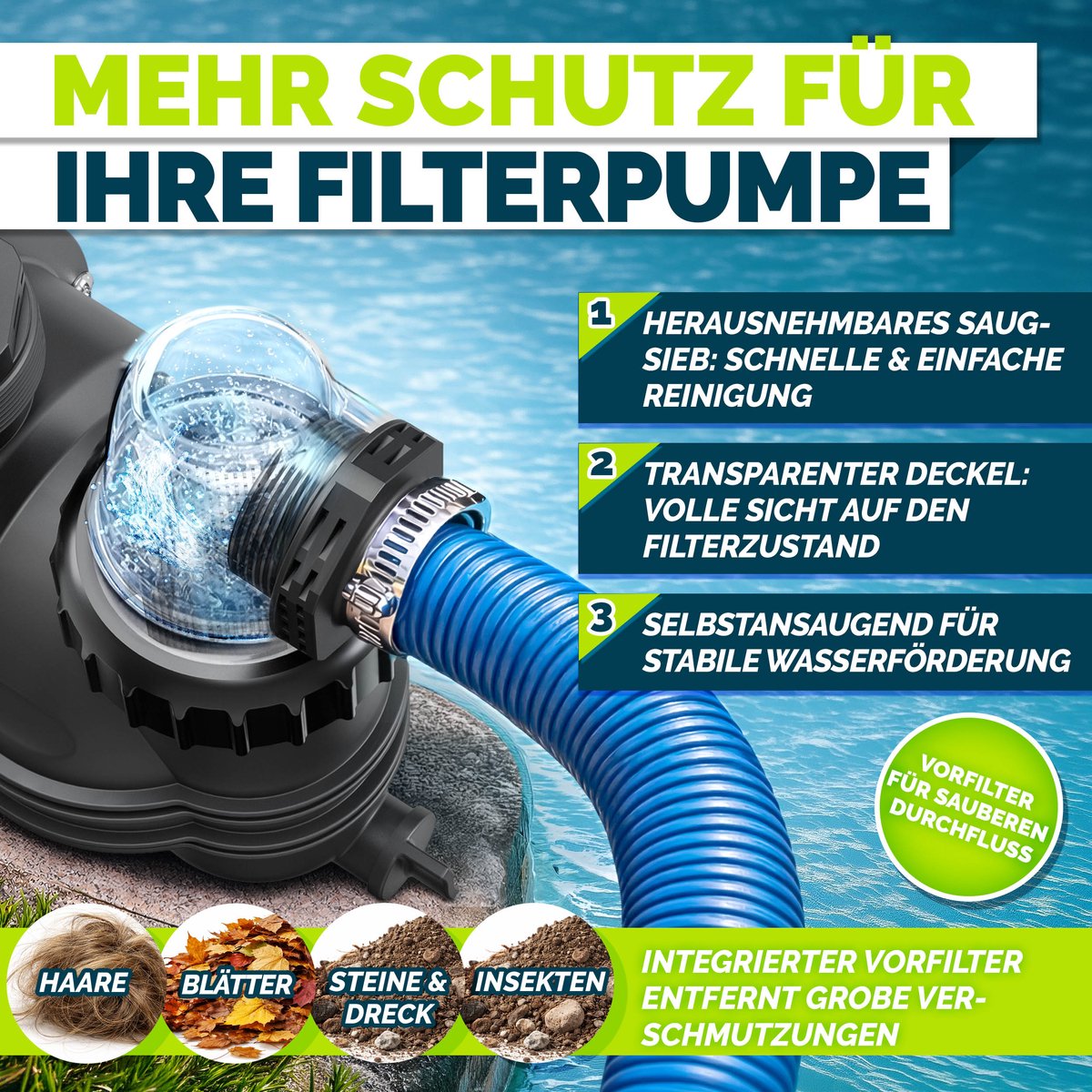 tillvex® Filterpompe Zwembad 9.500L/u & 550W | Zwembadpomp Opvoerhoogte max. 10m | Poolfilter Circulatiepomp voor 40m³ Zwembaden | Zwembadpomp Zelfinzuigend voor Opzetzwembad Spa met Voorfilter – foto 8