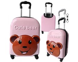 eCarla Roze Kinder Cabinekoffer met Teddybeer Design - Lichtgewicht Trolley met Wielen