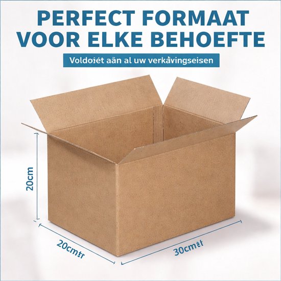 Bruine kartonnen doos met afmetingen 30x20x20cm. Tekst: PERFECT FORMAAT VOOR ELKE BEHOEFTE.