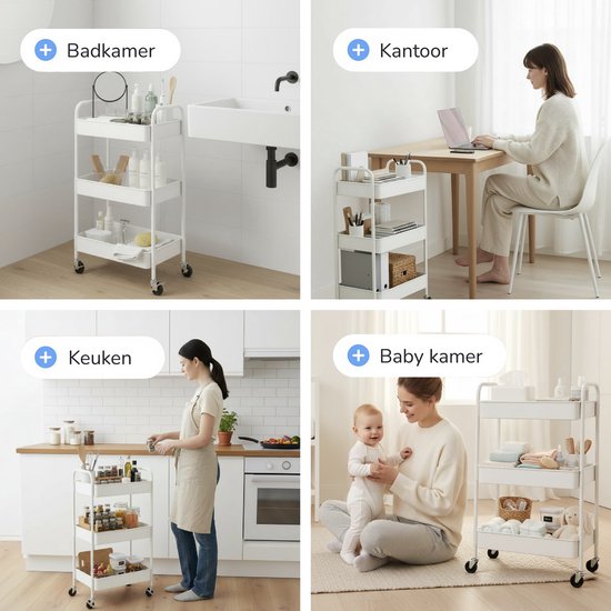 Chariot De Rangement 3 Niveaux Sur Roulettes Blanc - Etagère Mobile Cuisine Salle De Bain