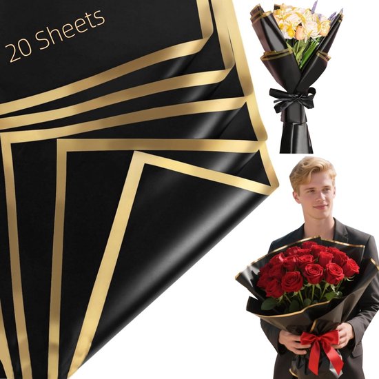 Foto: 20 vellen inpakpapier bloemen papier cadeaupapier waterdicht verpakkingspapier boeket accessoires snijbaar voor het inpakken van boeketten en het versieren van cadeaus 58 58 cm zwart 