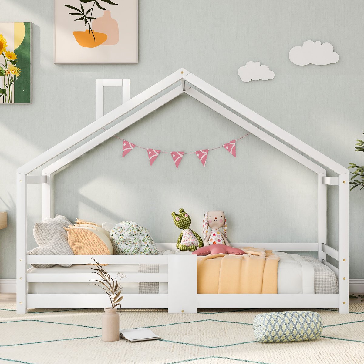 Rolipo Kinderbed huisbed met schoorsteen en uitvalbeveiliging - 90x200 cm - massief grenenhout - inclusief lattenbodem - wit (zonder matras)