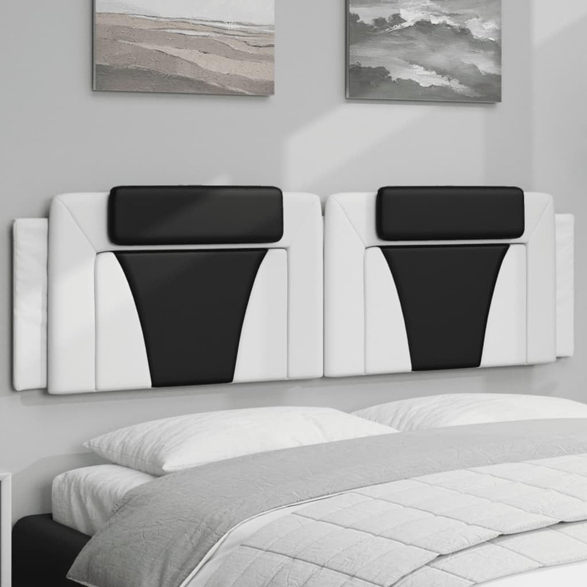 Hoofdbordkussen Kunstleer - Bedkussen Wandmontage - Comfortabel Lezen - Met Ritssluiting Klittenband - 180 cm Breed - Wit Zwart