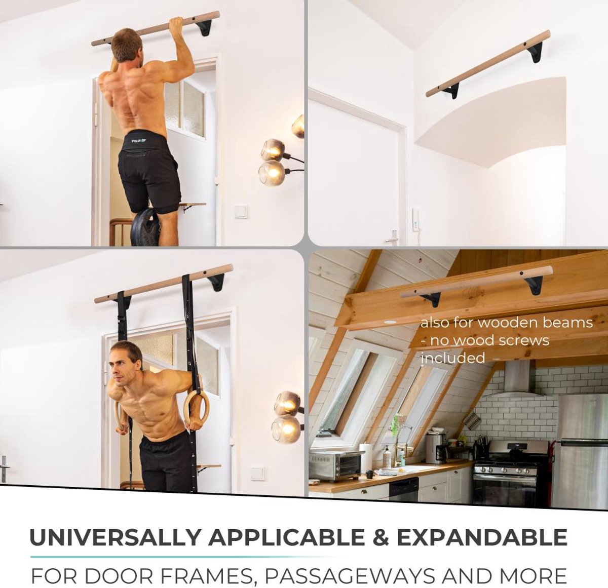 PULLUP & DIP Wood - Houten Pull-up Stang Wandmontage - Premium Beukenhout - 40mm Grip Diameter - Extra Brede Grip (100 cm) thumbnail 3