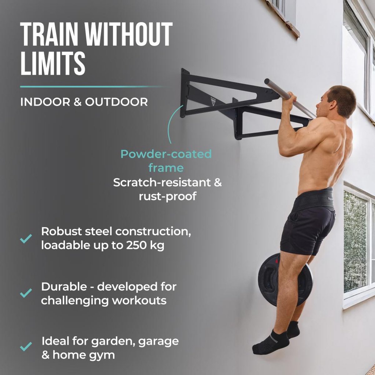 PULLUP & DIP Stainless Steel - Muscle-Up Optrekstang - Extra Muurafstand (80 cm) - Gezandstraald RVS - Belastbaar tot 250 kg thumbnail 2