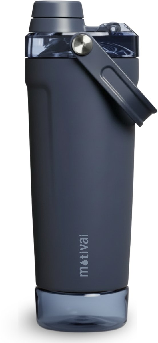 Motivai Prime Shakebeker - RVS - 590ml - Shaker met Poedercompartiment - Dubbelwandige Thermo Shakebeker - Met Shakebal - Blauw