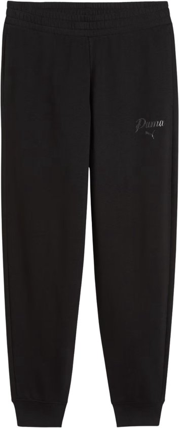 Zwarte Puma joggingbroek met elastische tailleband en reliëf logo, zonder model.