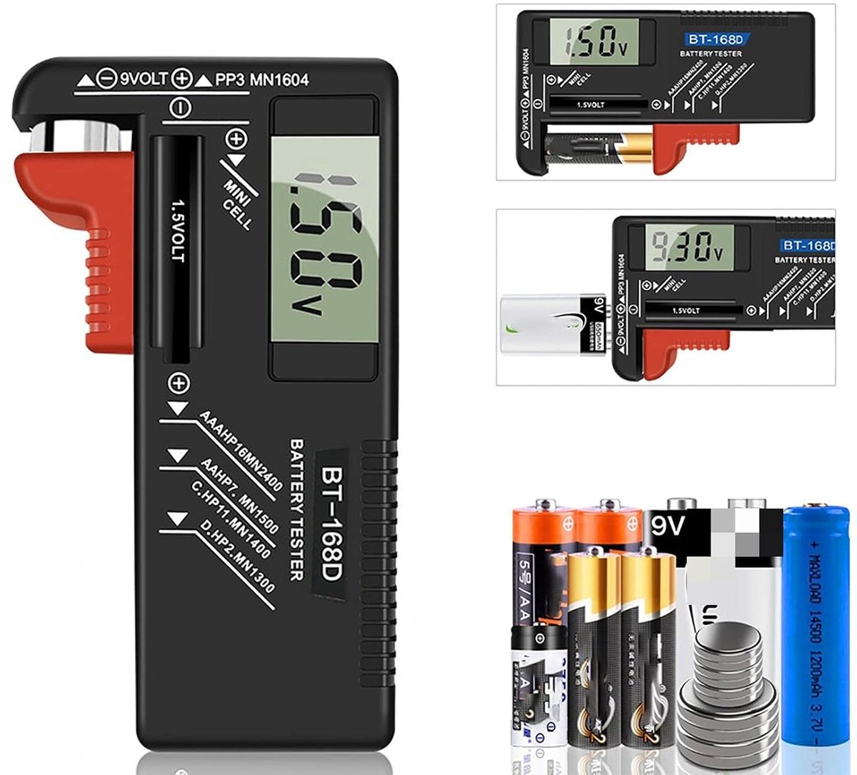 Digitale batterijtester, universele batterijtester, batterijtester voor AA, AAA, C, D, PP3, 9V, 1,5V en knoopcelbatterijen - werkt zonder batterijen