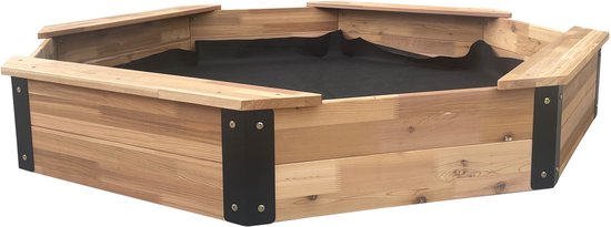 Houten achthoekige zandbak met zwarte hoekverbindingen, zonder zand.