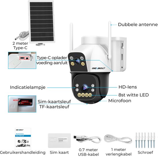 4G beveiligingscamera met dubbele antenne, 8MP HD lens, 8st witte LED, microfoon en simkaart/TF-kaartsleuf.