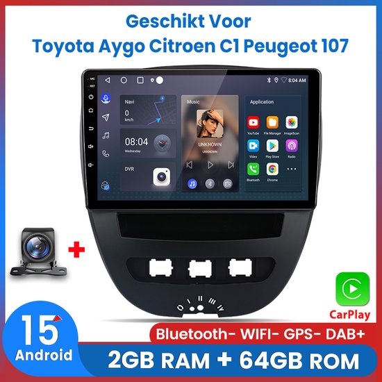 Awesafe Carplay Autoradio - Geschikt Voor Toyota Aygo Citroen C1 PEUGEOT 107 2005-2014 - Android 15.0 Systeem - 2GB RAM + 64GB ROM - Draadloos CarPlay & Android Auto - Bluetooth & WiFi - GPS Navigatie - Inclusief achteruitkijkcamera