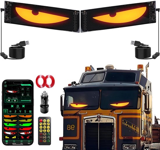 Twee LED-schermen met gele demonische ogen voor een vrachtwagen. Accessoires: kabels, afstandsbediening, tape en auto-adapter.