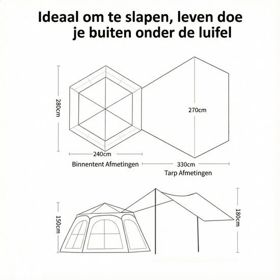 Pop-up Familietent 4 Personen – XXL Zonnescherm – Inclusief Slaapmat – Waterdichte Koepeltent – Opzetten in 3 Seconden – Voorluifel en Draagtas – Kaki — afbeelding 5