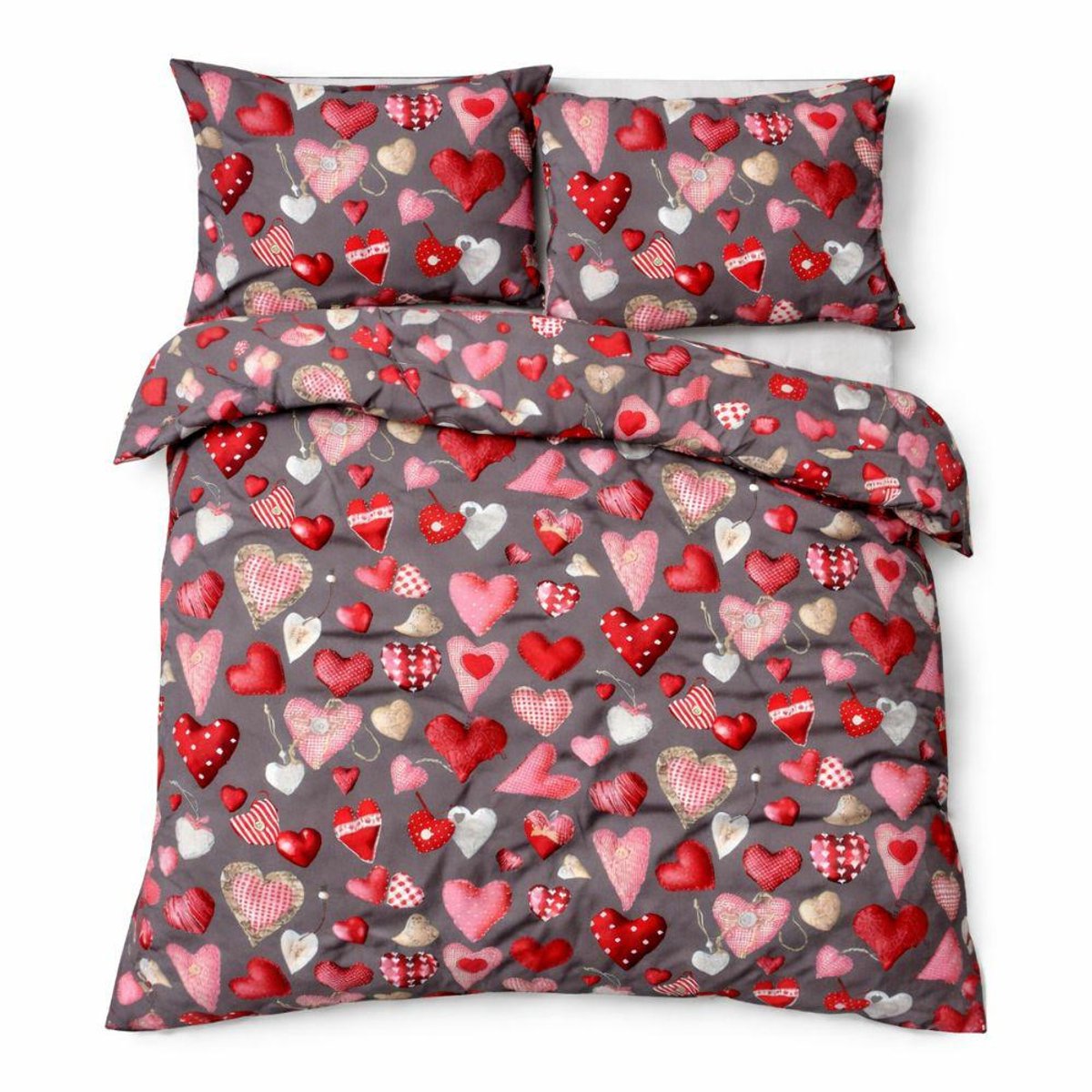 KARO - Dekbedovertrek - 200x220 cm - Grijs - Donker - Rood - Hartjes