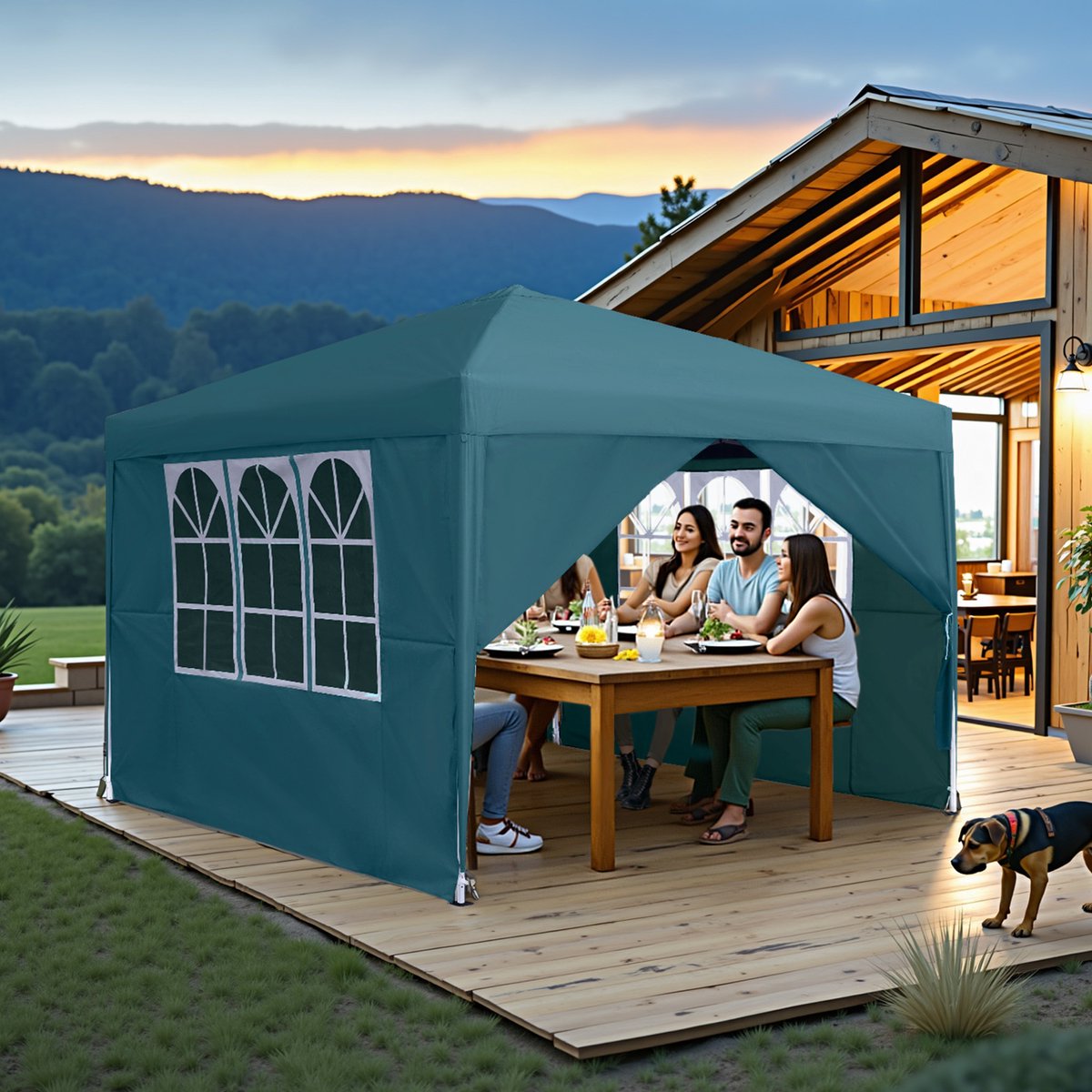 ACXIN Partytent 3x3m Inklapbaar Paviljoen Waterdicht Tuinpaviljoen met 4 Zijwanden en Ramen Stalen Frame Polyester Uv-bescherming, Groen