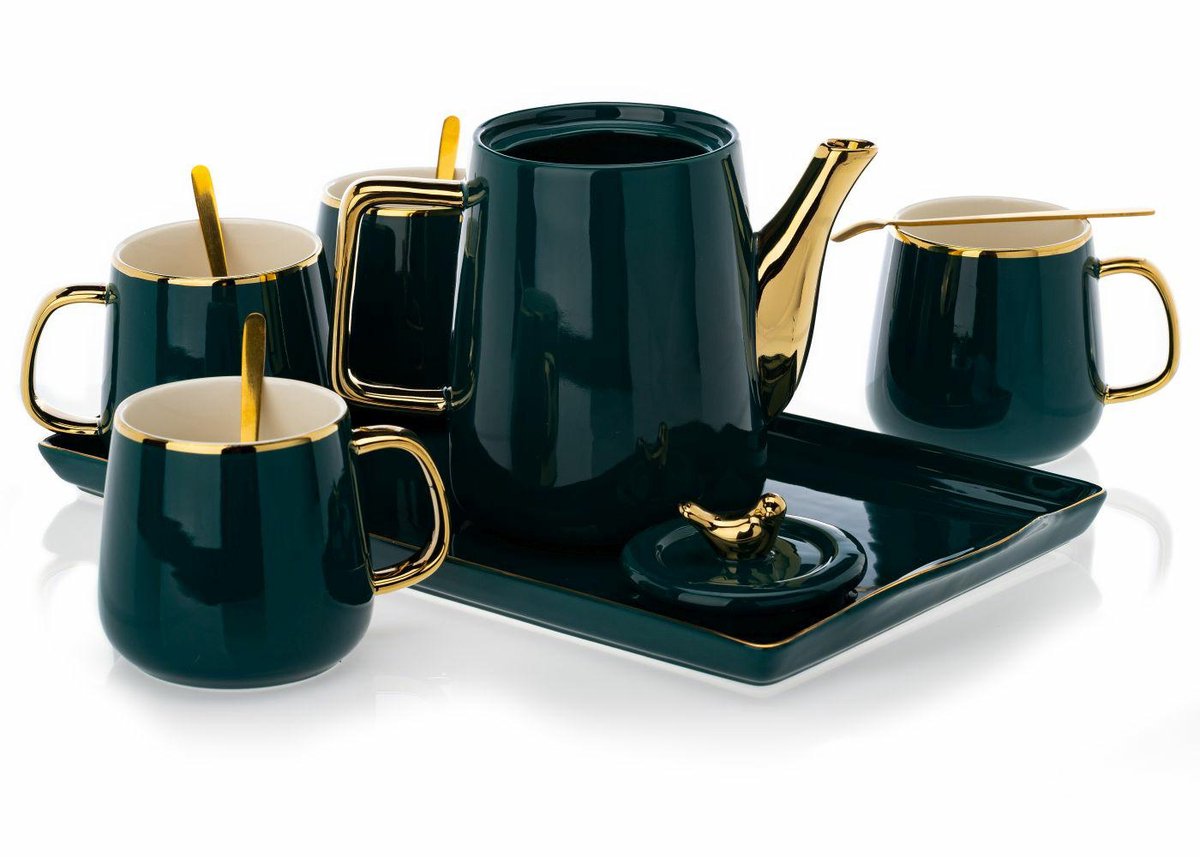 HowHomely Noah Green Gold Serie - Koffieservies - Groen - Gouden Details