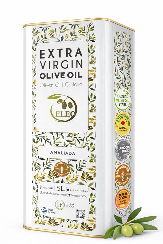 Een grote 5 liter blik ELEO Extra Vierge Olijfolie met olijftakdecoratie en medailles.