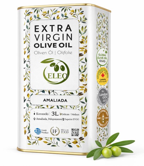 ELEO Olijfolie 3 liter Extra Vierge Amaliada – Zuurgraad <0,5% – 100% Koroneiki – Eerste Koude Persing – Delicaat & Rijk aan Antioxidanten – Internationale Medaille Winnaar