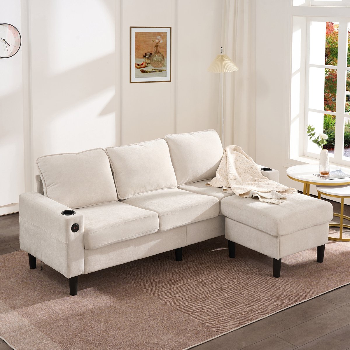Wishdor Hoekbank - Met USB-C En Bekerhouders - Modern - Voor Woonkamer - Linnen - Beige - 202 X 137 X 80 Cm