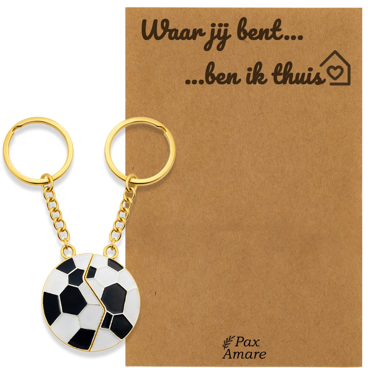 Koppel Sleutelhanger voor 2 'Waar jij bent, ben ik thuis' - Magnetische Voetbal - Sleutelhanger set op Cadeau Kaartje - Goudkleurig - Persoonlijke Hanger - Pax Amare