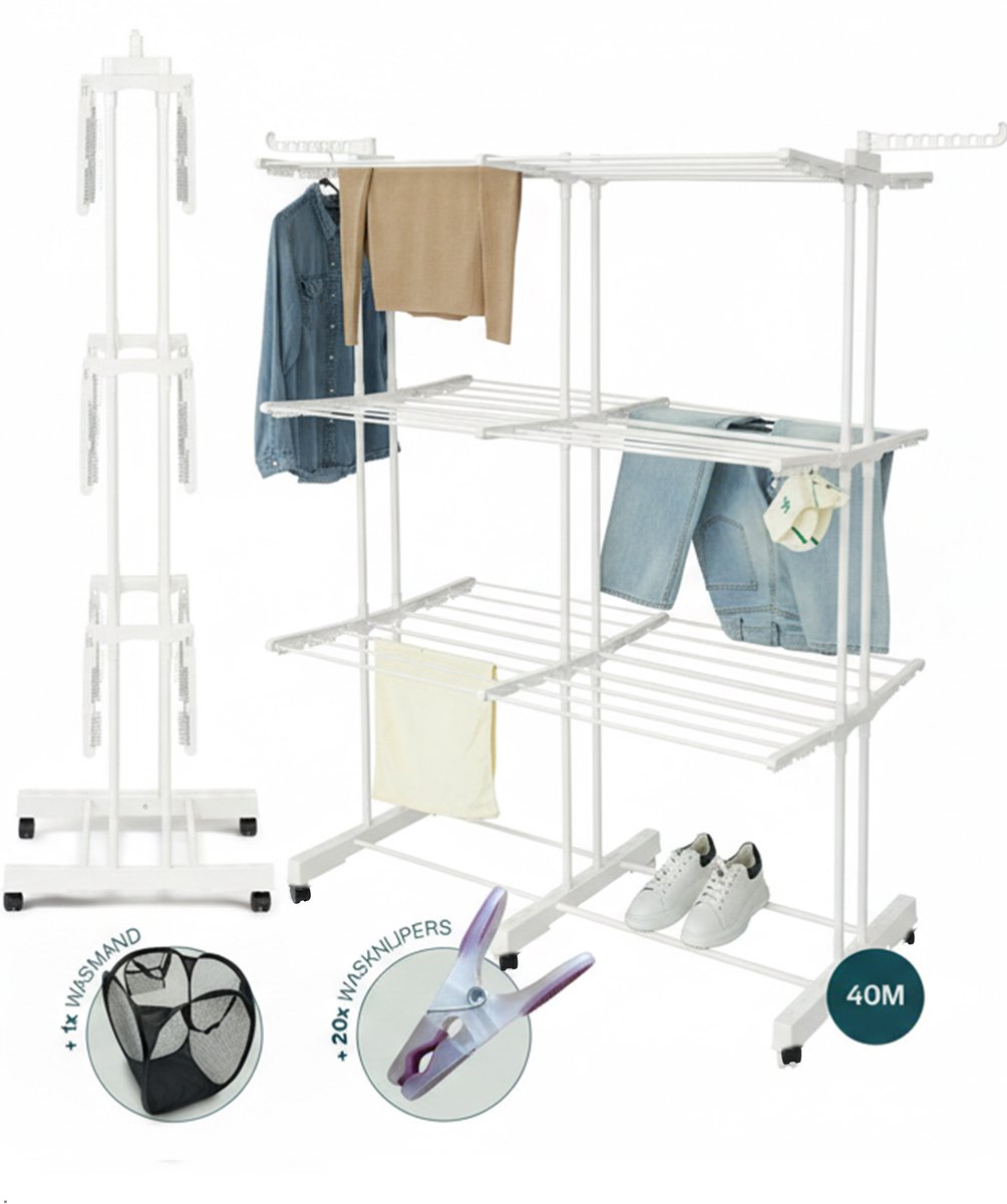 BAUER & MEYER® - Droogrek XL - Wasrek inklapbaar - Incl. 20 wasknijpers + 1x wasmand - 40 Meter drooglengte - Droogtoren Wastoren - 170 x 134 x 65 cm - Wit