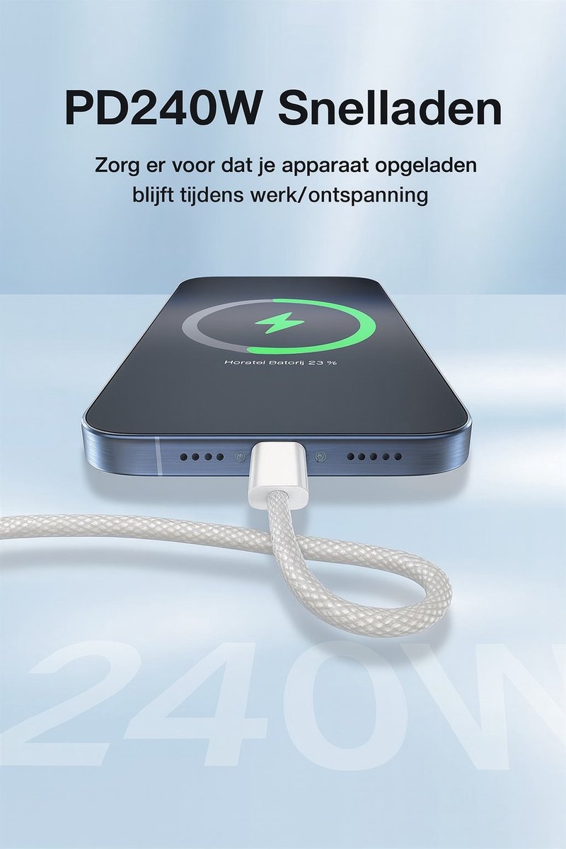 USB C naar USB C kabel Snellader 240W - 2 meter - geschikt voor Apple, Samsung, Huawei - oplaadkabel geschikt voor telefoon en Tablet - oplader kabel USB C - USB-C naar USB-C kabel - Oplaadkabel - Lader — afbeelding 3