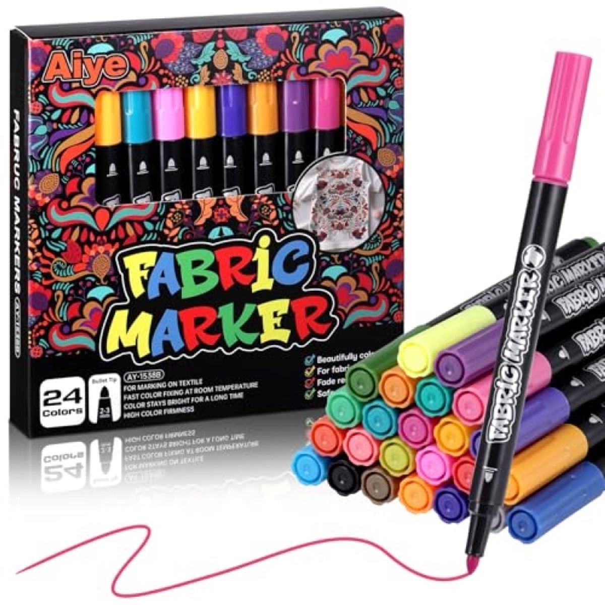 PromoHome 24-delig textielverf set, wasbare stofmarkers met fijne punt voor creatieve projecten