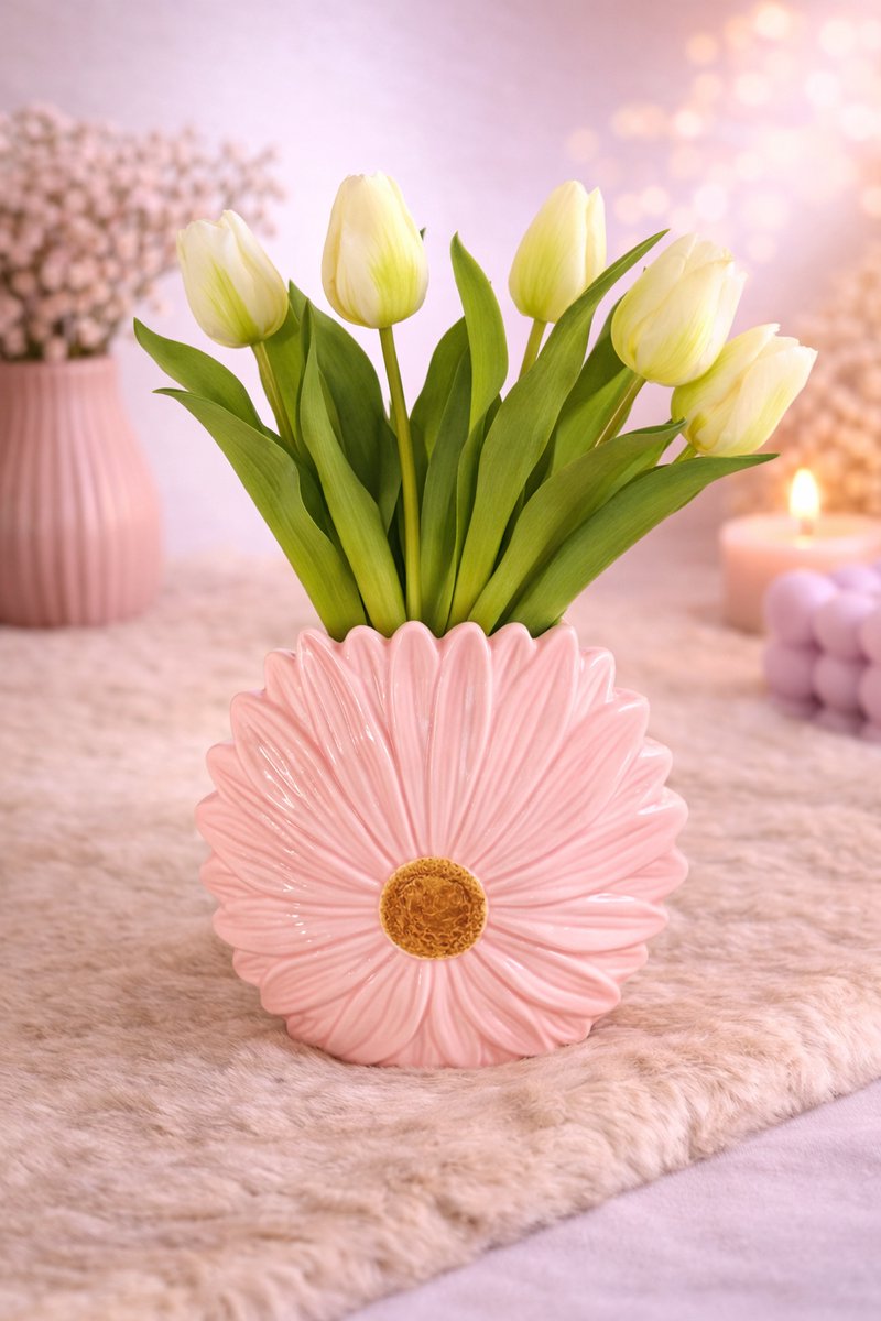 Bloemenvaas ‘Daisy’ – Een vrolijke eyecatcher in je interieur! | Viva Femme | Vaas | Decoratie | Cadeau | Wonen | Bloemen | Lente | Zacht Roze