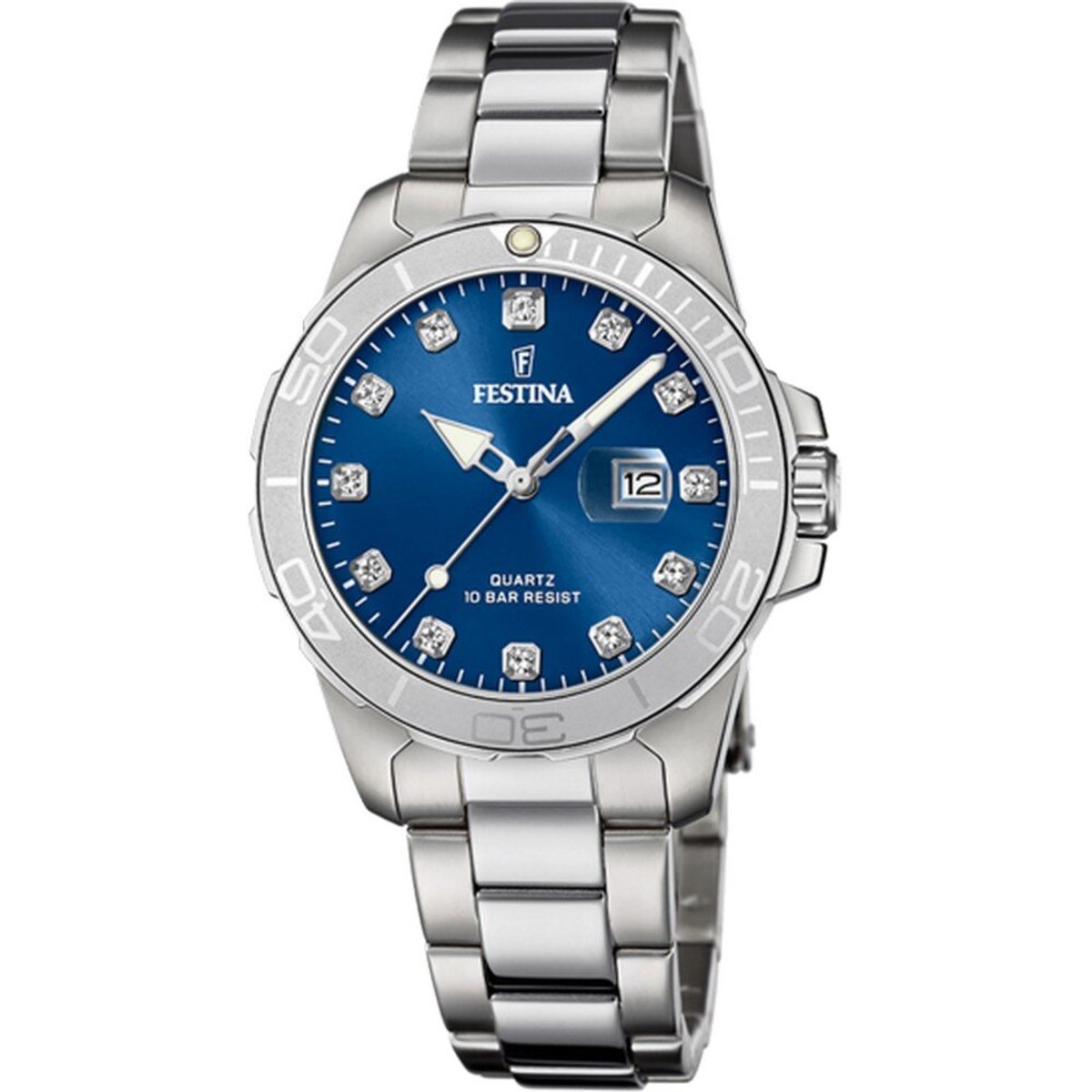 Festina F20503-6 Dames Horloge - Mineraalglas - Roestvrijstaal-Staal - Zilverkleurig - Ø 34.5 mm - Quartz - Vouw-Vlindersluiting - 10 ATM (zwemmen)