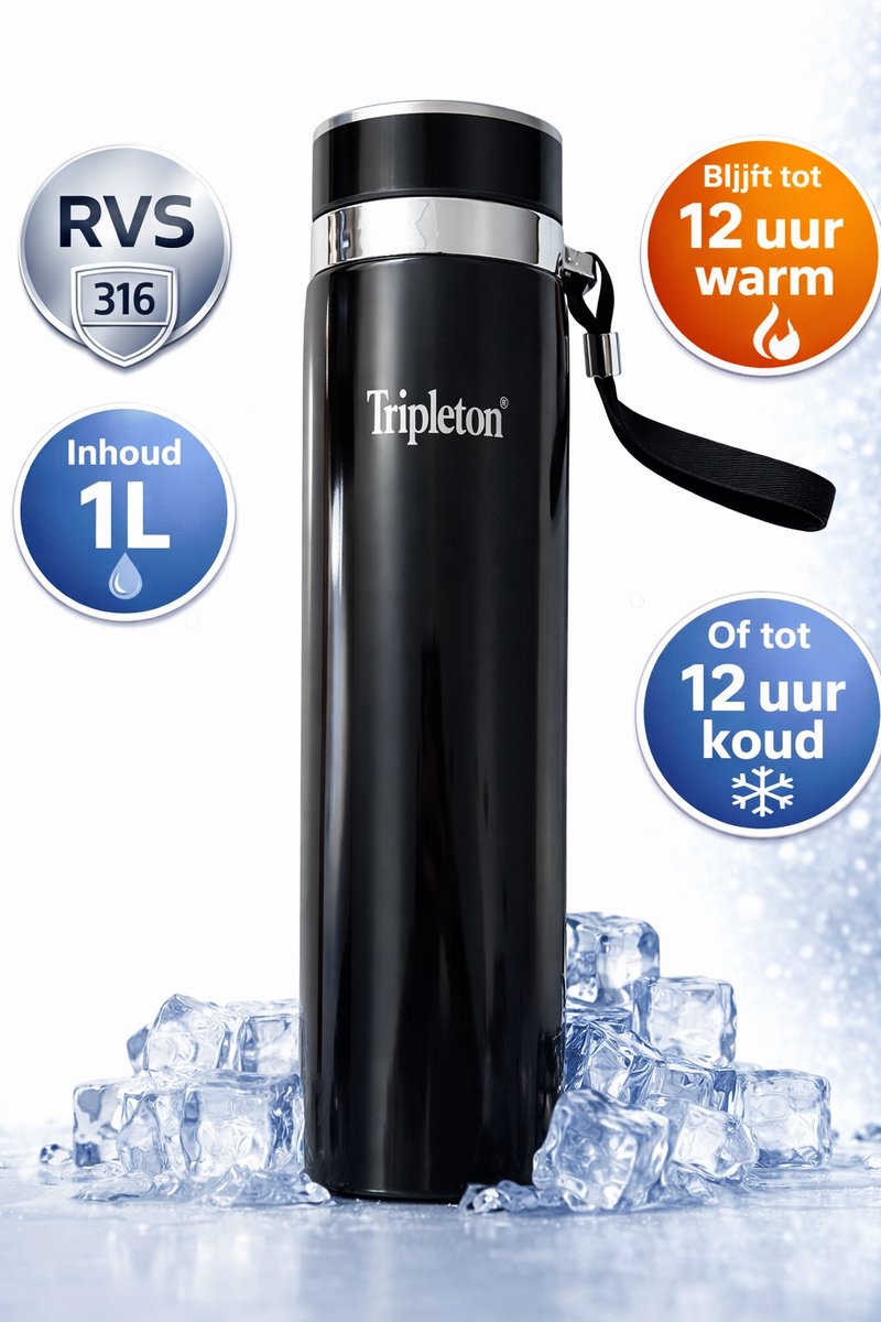 Tripleton® Luxe Thermosfles 1 Liter - RVS Isoleerfles Dubbelwandig - Drinkfles Warm & Koud - Zwart - 1000ml