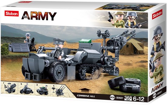 Sluban Army WWII Leger Voertuigenset 4in1 bouwspeelgoed – Constructiespeelgoed bouwset met 368 bouwstenen – M38‑B0681 – vanaf 6 jaar