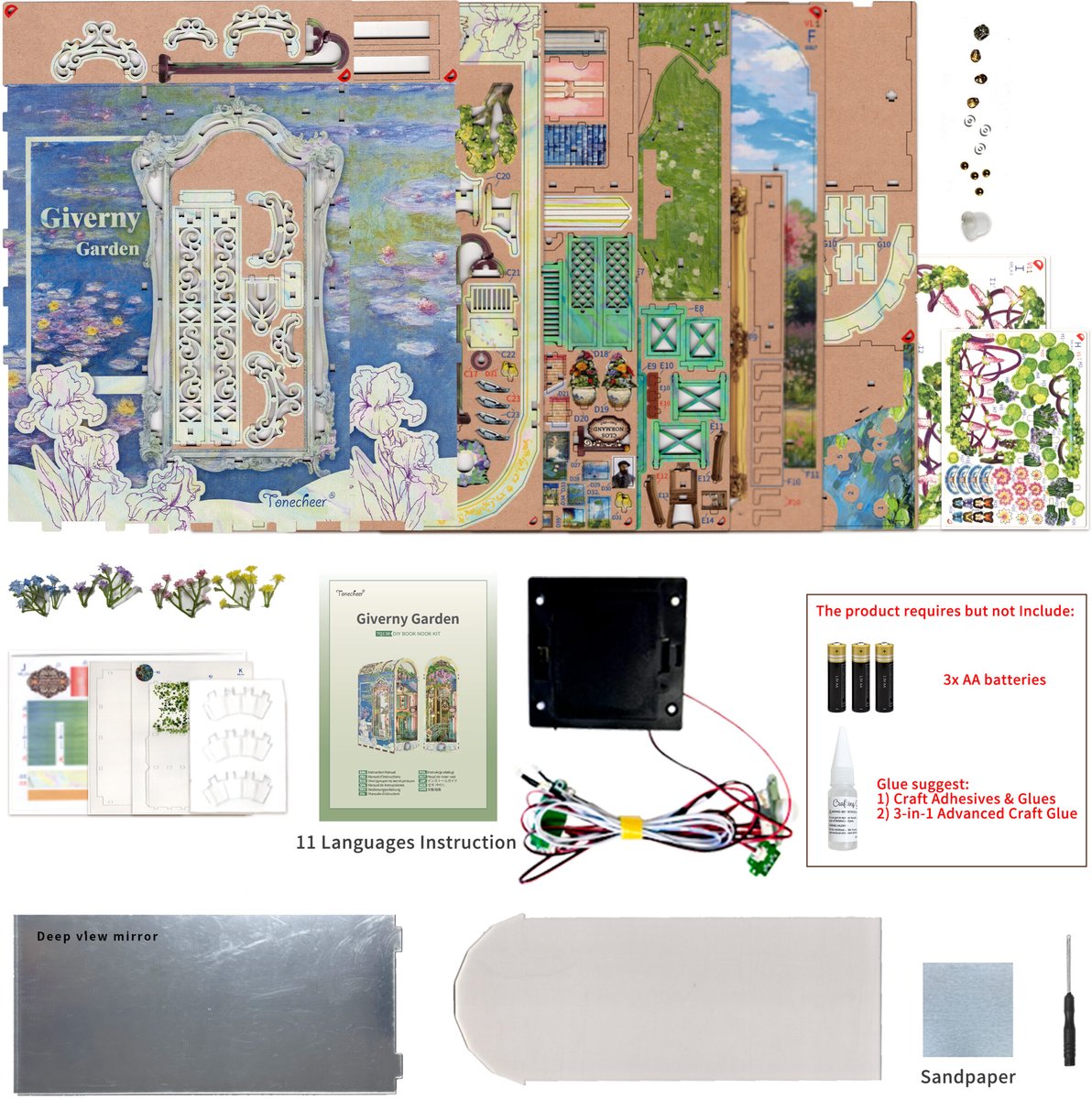 Tonecheer Giverny Garden Book Nook Bouwpakket - Modelbouw - 19 x 9,8 x 26,9 cm - Houten 3D Puzzel - Boekensteun - LED-licht - Bewegingssensor Licht - Boekenhouder — afbeelding 4