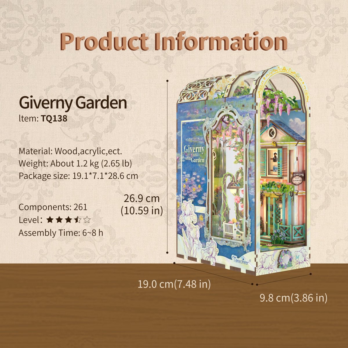 Tonecheer Giverny Garden Book Nook Bouwpakket - Modelbouw - 19 x 9,8 x 26,9 cm - Houten 3D Puzzel - Boekensteun - LED-licht - Bewegingssensor Licht - Boekenhouder — afbeelding 2