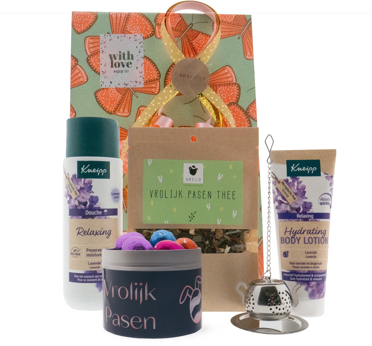 Kneipp Cadeauset Relaxing Lavendel Pasen - Kneipp Mini Body Lotion 75 ml Relaxing - Kneipp Douche 200 ml Pure Relaxing - ARELO Vrolijk Pasen the
