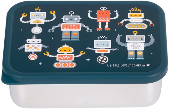 Boîte à lunch en acier inoxydable avec couvercle bleu foncé orné d'une joyeuse impression de robots. La boîte est fermée.