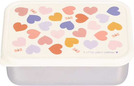 Boîte à lunch rose pâle avec un motif de cœurs multicolores et de papillons. "A Little Lovely Company" est inscrit en petits caractères.