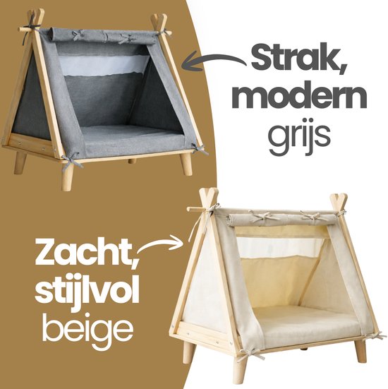 Collage van een grijze en een beige dieren tent op poten. De grijze tent wordt beschreven als "Strak, modern grijs".