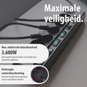 Zwarte stekkerdoos met 6 stopcontacten en individuele schakelaars, met tekst "Maximale veiligheid."